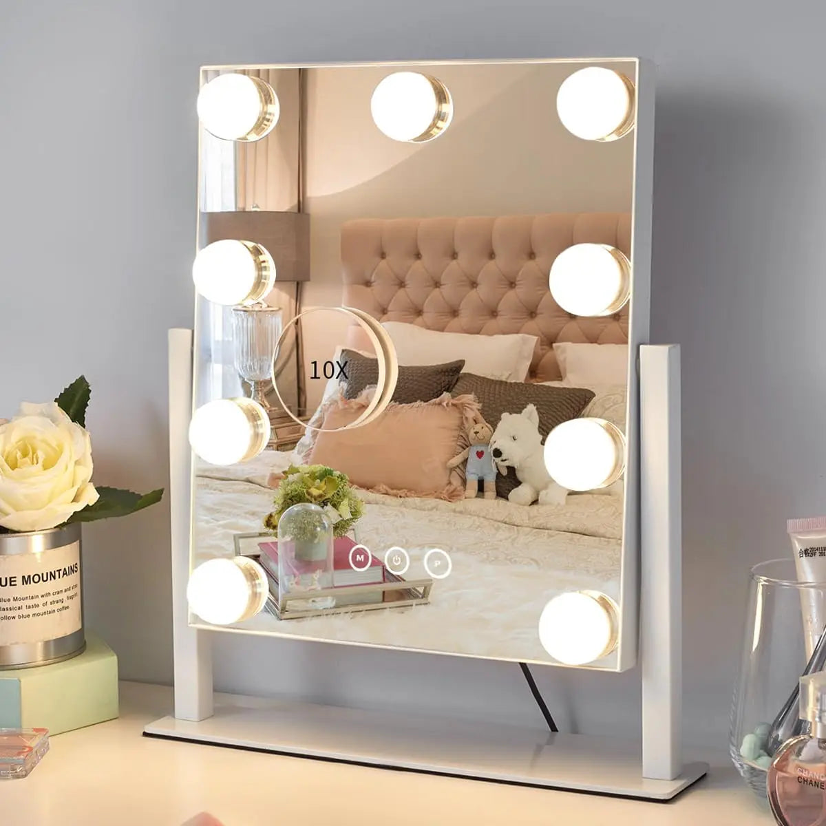 Makeup Mirror with 9 Bulbs Lights LED Vanity Mirror,3 Color Mode Dimming,Detachable 10X Zoom Mirror,360° Rotation,Metal Frame