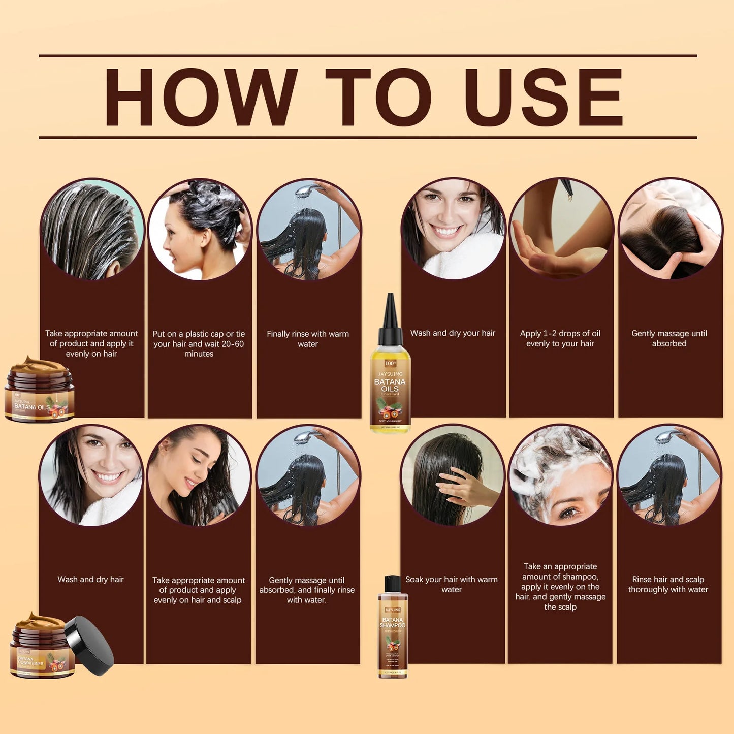Hair Care Product Batana Oil Shampoo Conditioner Repair Split Ends Frizzy Damage Moisturize Smooth Shiny Keratin Hair Mask Serum