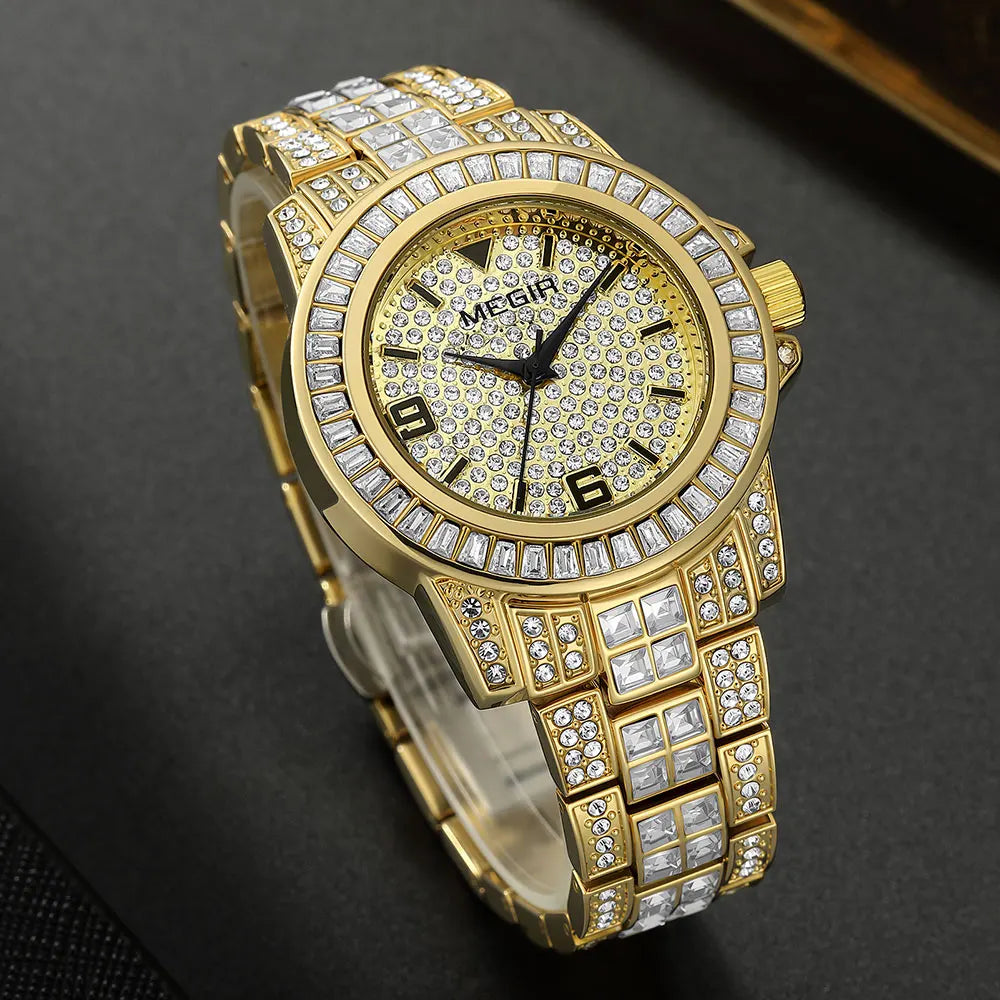 MEGIR New Golden Luxury Watches for Women Fashion Crystal-accented Waterproof Quartz Wristwatch with Stainless Steel Strap