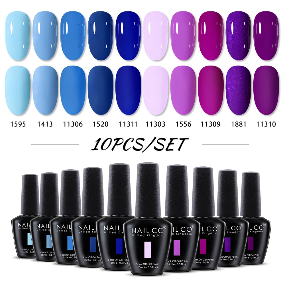 NAILCO 10PCS/Set Gel Nail Polish Gorgeous Full Coverage Semi Permanent Soak Off UV LED Gel Nail Art Base Top Coat Gel Polish Kit