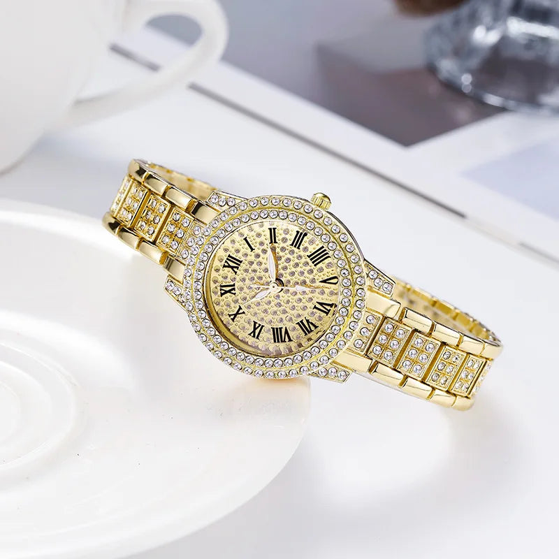 Luxury Women Gold Watch Fashion Ladies Quartz Diamond Wristwatch Elegant Female Bracelet Watches Set Reloj Mujer