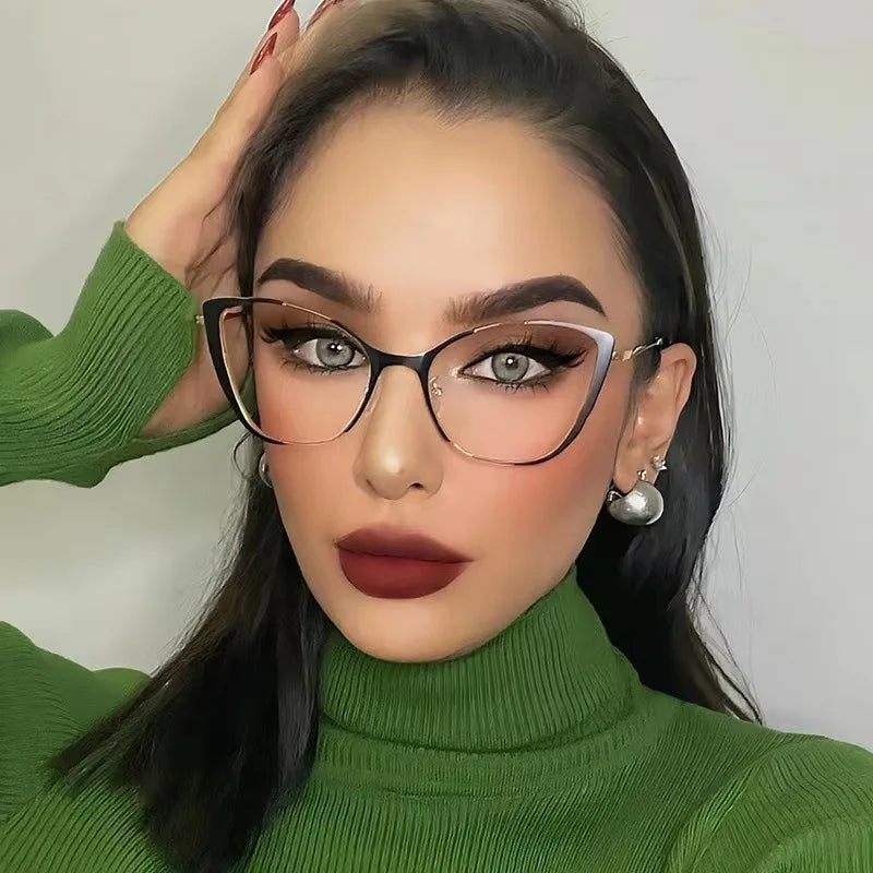 Blue Light Blocking Glasses Cat Eye Color Block Metal Frame Clear Lens Computer Glasses Spectacles For Women