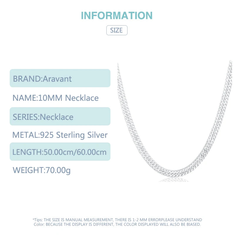 Aravant 925 Silver 10MM Necklaces Chain For Men Women Fashion Jewelry
