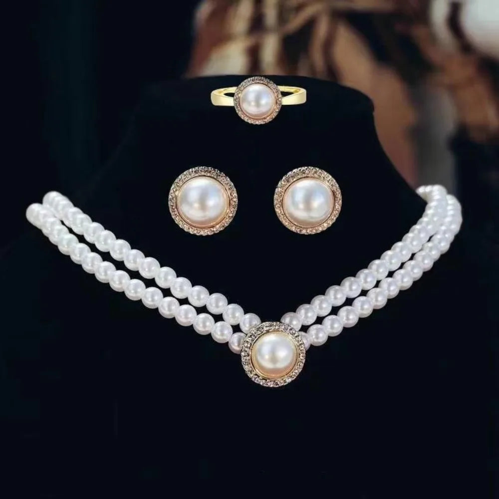 Women Elegant Double Layers Necklace Pearl Earrings Exquisite Vintage Classic Chains For Lady Party Wedding Retro Jewelry Choker