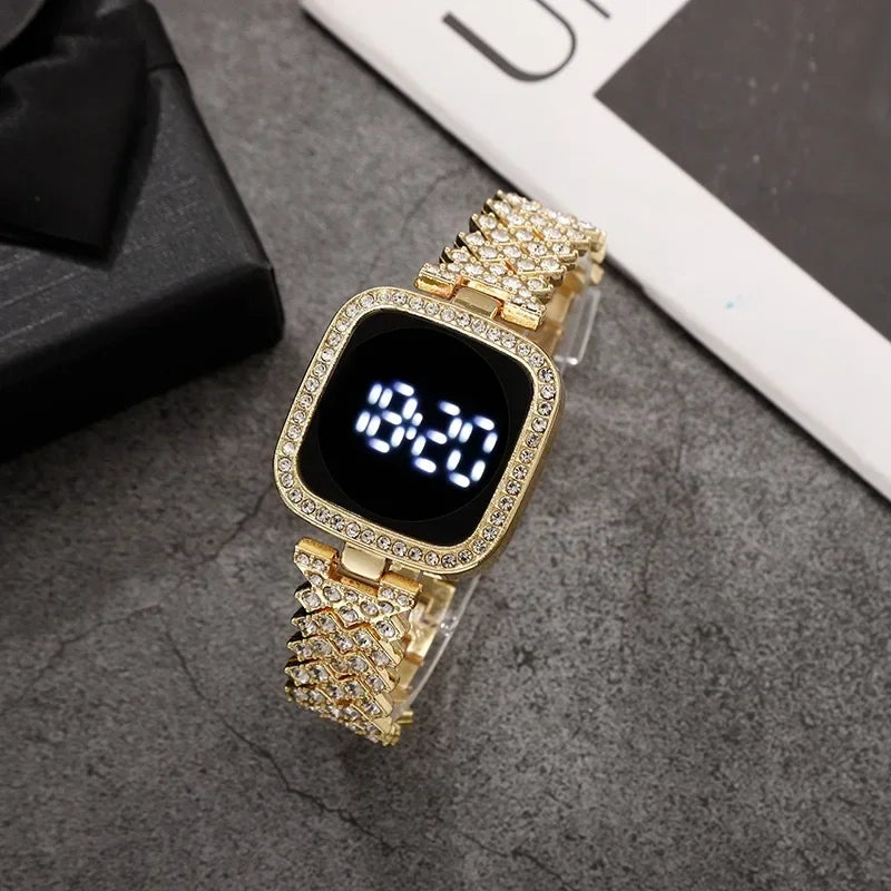 Luxury Rhinestone Digital Watch for Women Simple Touch Screen LED Watch Fashion Steel Strap Rose Gold Ladies Watch Reloj Mujer
