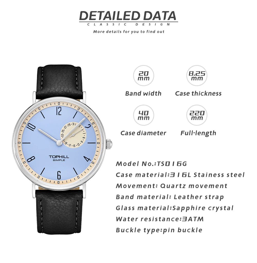 TOPHILL Men's Bauhaus Quartz Watch Ultra Slim 40mm Minimalist Dial Sapphire Glass Leather Strap Stainless Steel Case