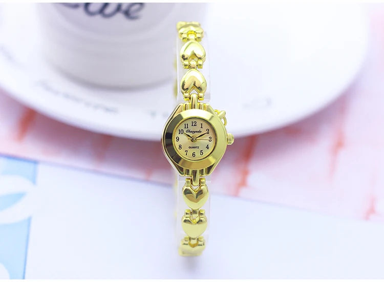 Luxury Woman Lady Gold Love Pendant Bangle Bracelet Wristwatches Young Female Girls Fashion Waterproof Gifts Thin Strap Watches