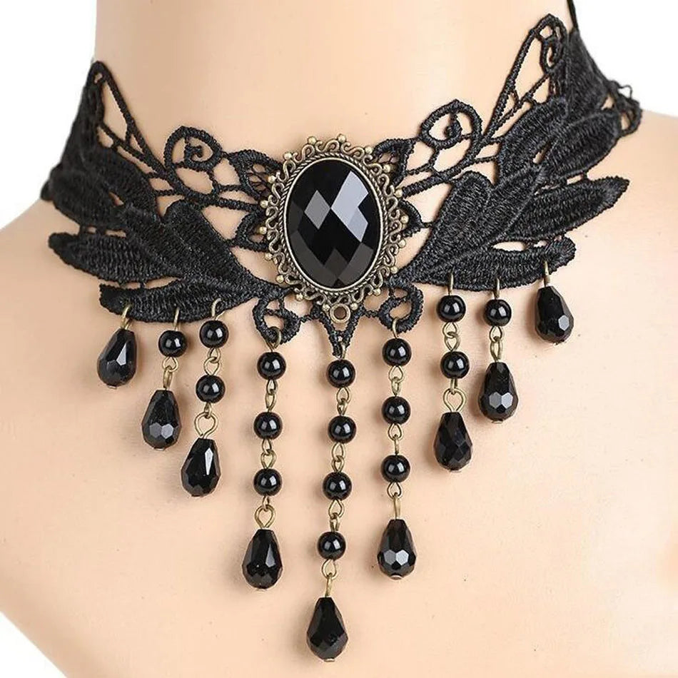 Lady Neck Jewelry Accessories Girl Lace Gothic Choker for Women Vintage Sexy Fashion Velvet Rose Beads Flower Necklace