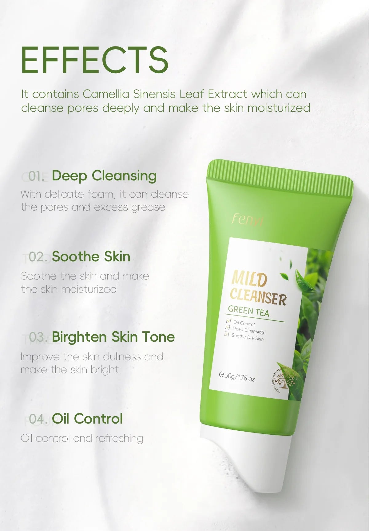 Green Tea Facial Cleanser Skin Deep Cleansing Moisturizing Blackhead Removal Skincare Face Wash Foam Face Cleanser Skin Care