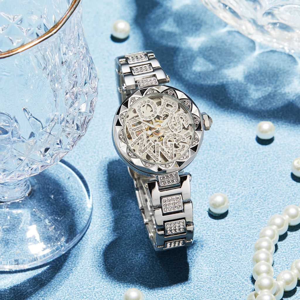 Luxury Brands Fashion 2025 New Women's Watches 3D Diamond Stainless Steel Skeleton Mechanical Clock Elegant Ladies Wedding Gift