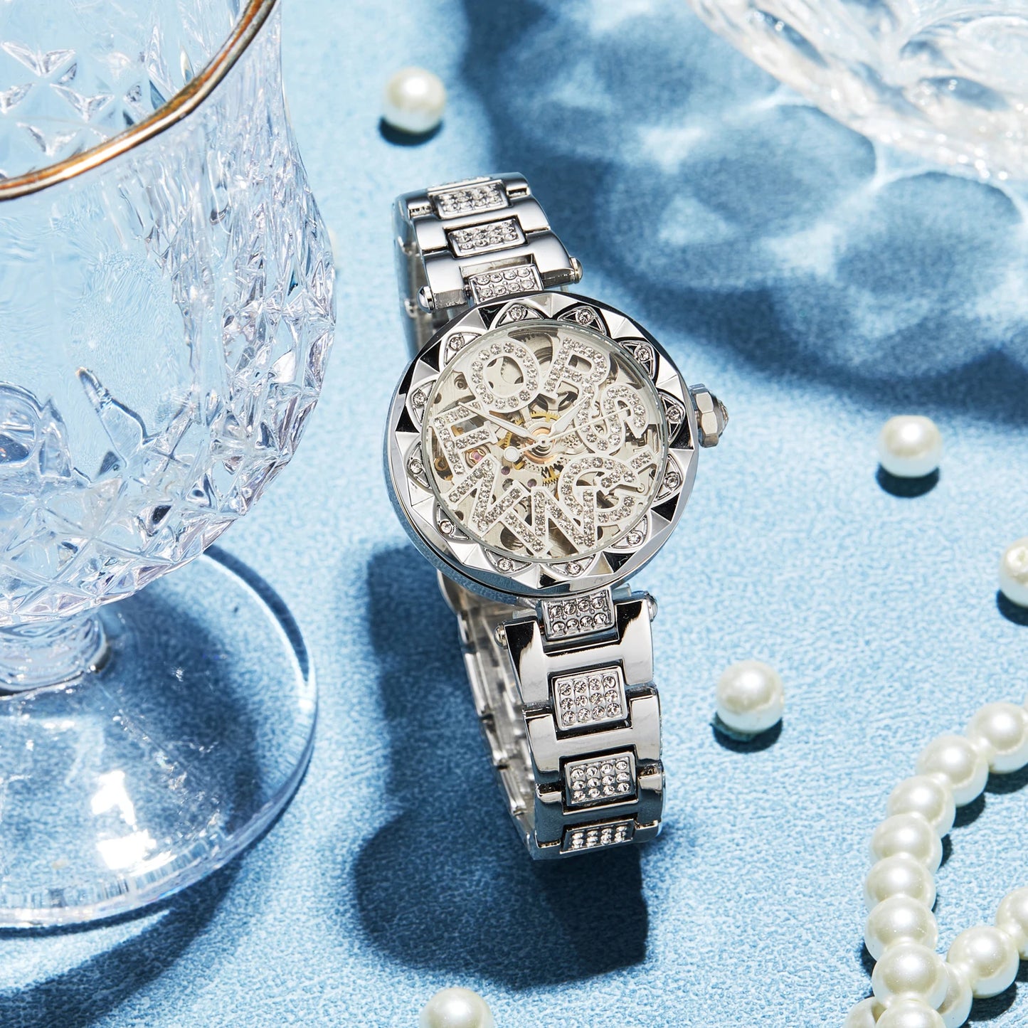 Luxury Brands Fashion 2025 New Women's Watches 3D Diamond Stainless Steel Skeleton Mechanical Clock Elegant Ladies Wedding Gift