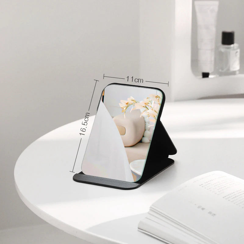 Desktop Makeup Mirror Solid Color PU Leather Simple Portable Handheld Black Mirror Foldable Student Compact Cute Pocket Mirror