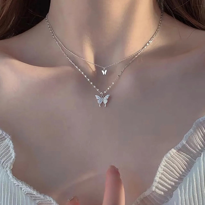 Fashion Shiny Butterfly Necklace Ladies Exquisite Double Layer Clavicle Chain Cool Neck Chain For Women Jewelry Gift