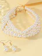New Trendy Jewelry Set For Women Elegant Charm Multi-layer Imitation Pearl Choker Necklace And Earrings Neck Accessories