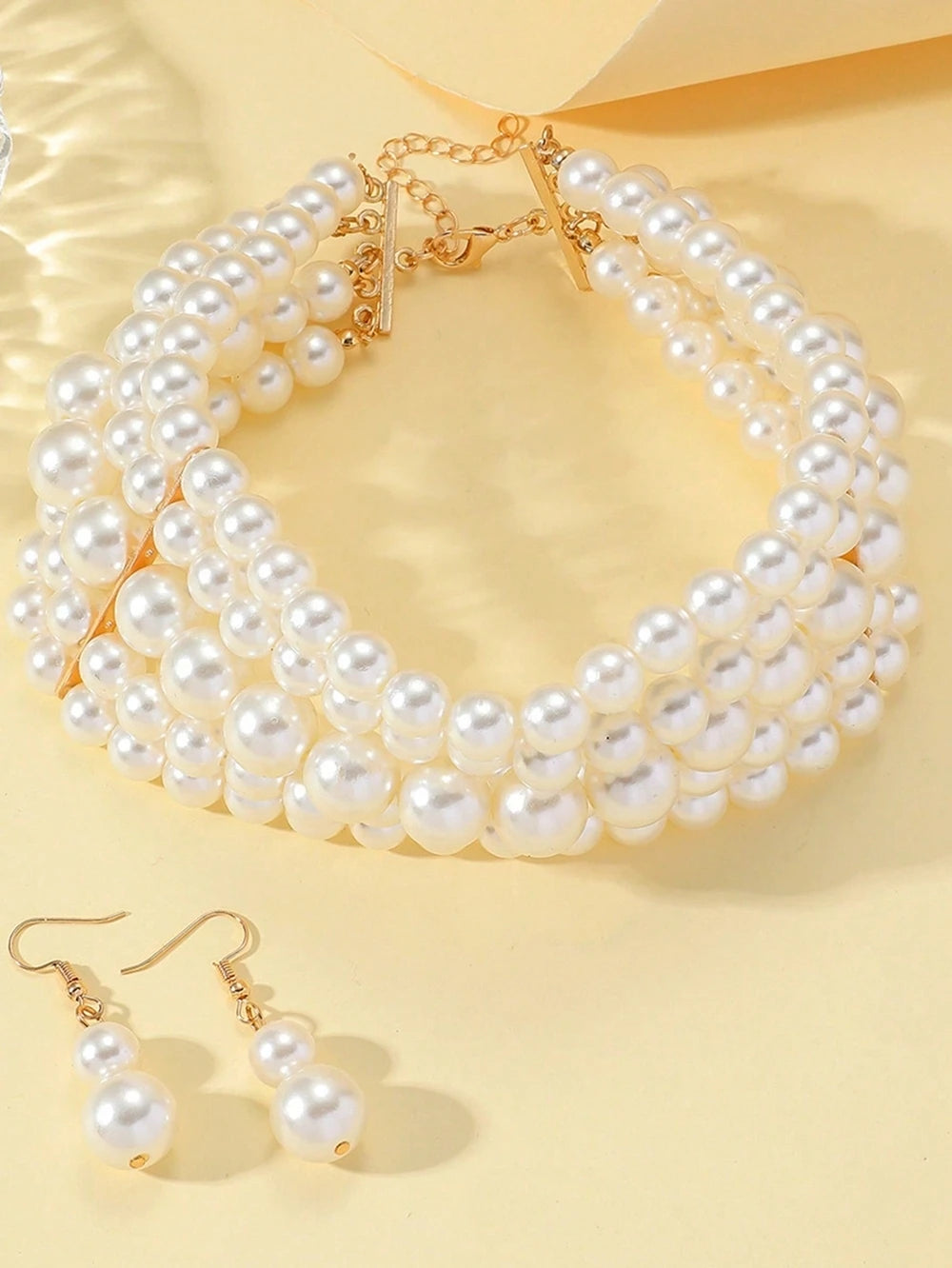 New Trendy Jewelry Set For Women Elegant Charm Multi-layer Imitation Pearl Choker Necklace And Earrings Neck Accessories