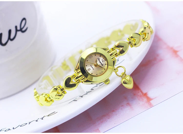 Luxury Woman Lady Gold Love Pendant Bangle Bracelet Wristwatches Young Female Girls Fashion Waterproof Gifts Thin Strap Watches