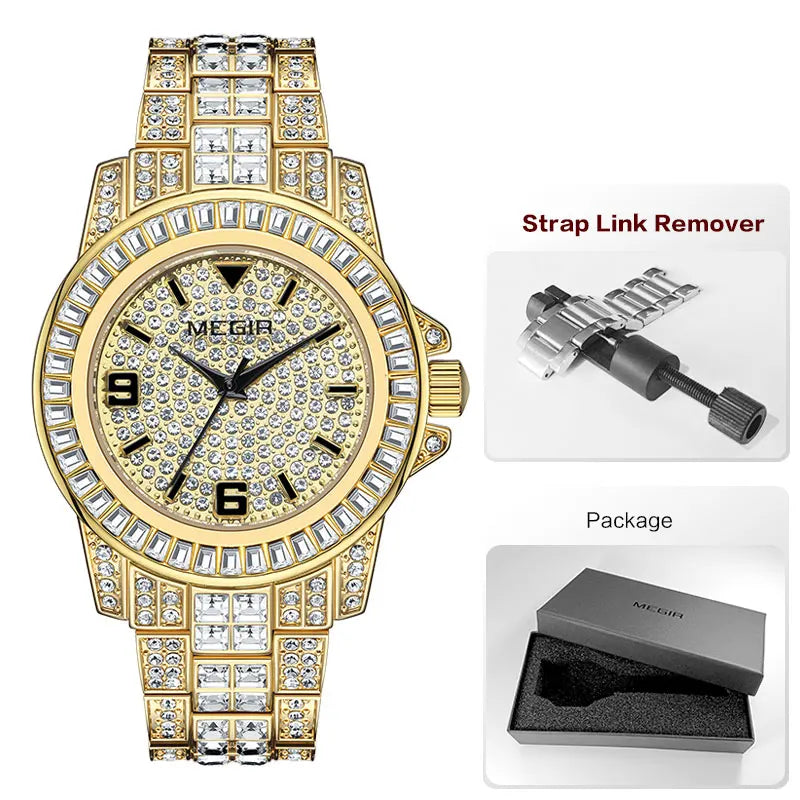 MEGIR New Golden Luxury Watches for Women Fashion Crystal-accented Waterproof Quartz Wristwatch with Stainless Steel Strap