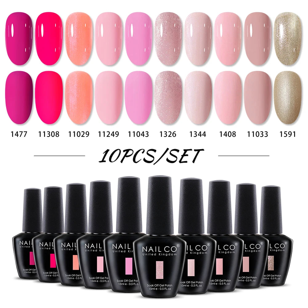 NAILCO 10PCS/Set Gel Nail Polish Gorgeous Full Coverage Semi Permanent Soak Off UV LED Gel Nail Art Base Top Coat Gel Polish Kit