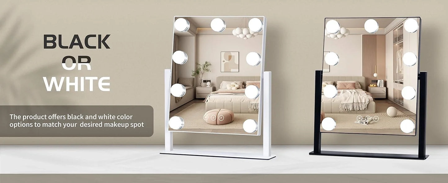 Makeup Mirror with 9 Bulbs Lights LED Vanity Mirror,3 Color Mode Dimming,Detachable 10X Zoom Mirror,360° Rotation,Metal Frame