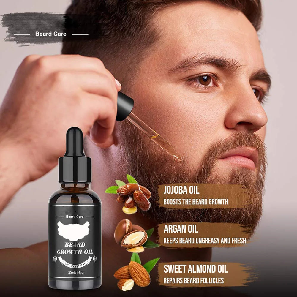 5/7/8 PCS Men's Beard care full set beard comb Balm Double-sided comb with roller beard growth liquid