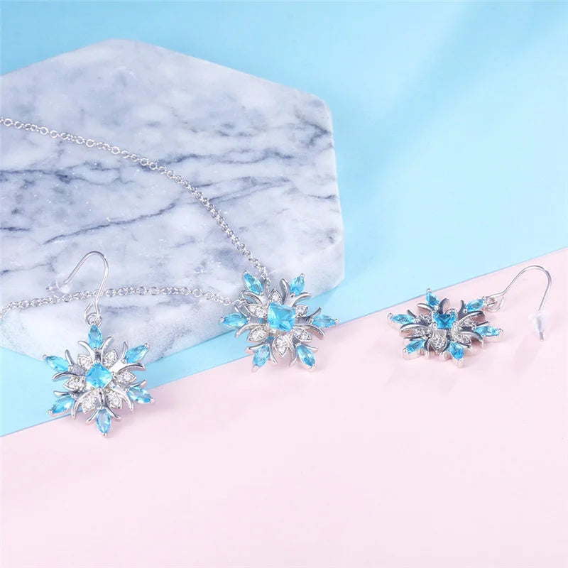 Bague Ringen Earrings for Women Charms Female Fashion Jewelry Artificial Aquamarine Snowflake Ear drops Blue Gemstones Party