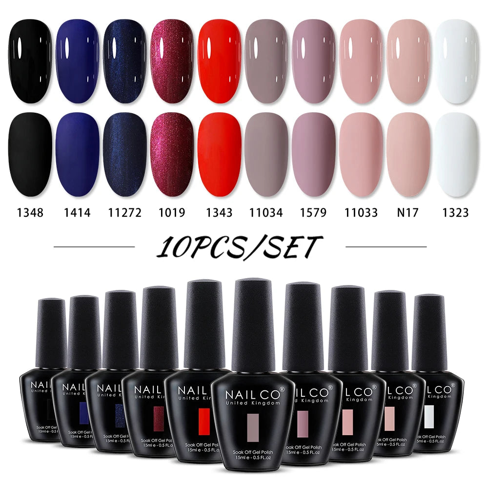 NAILCO 10PCS/Set Gel Nail Polish Gorgeous Full Coverage Semi Permanent Soak Off UV LED Gel Nail Art Base Top Coat Gel Polish Kit