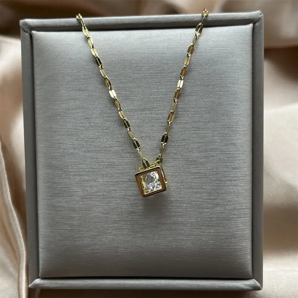 Charms Necklace For Women Aesthetic Cube White Zircon Gold Color Choker Chain On Neck Jewelry Korean Pendants