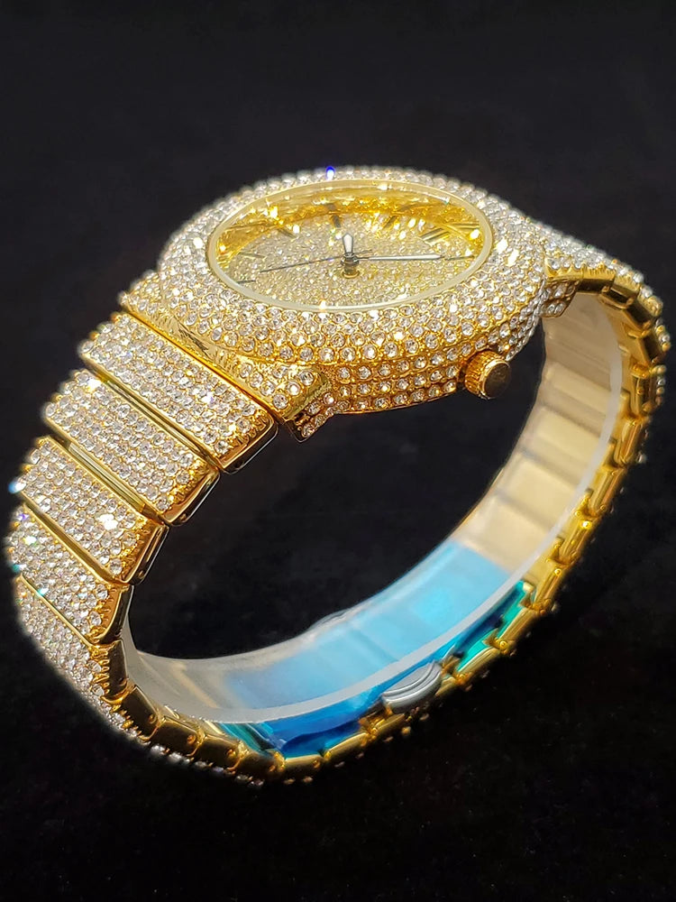 Luxury Watches For Men Full Diamond Iced Hip Hop Stylish Quartz Watch For Male Waterproof Calendar Men's Wristwatches Gift New