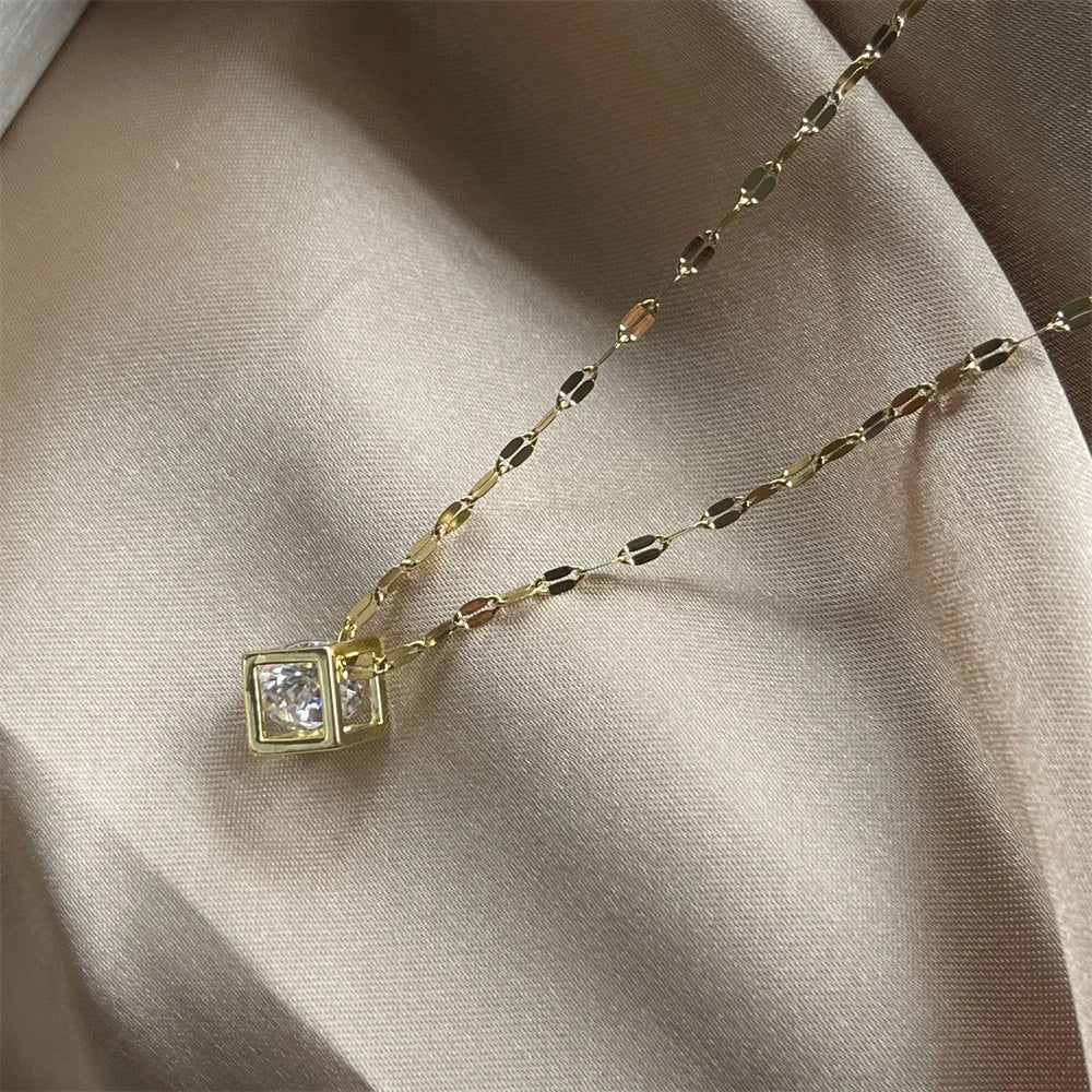 Charms Necklace For Women Aesthetic Cube White Zircon Gold Color Choker Chain On Neck Jewelry Korean Pendants