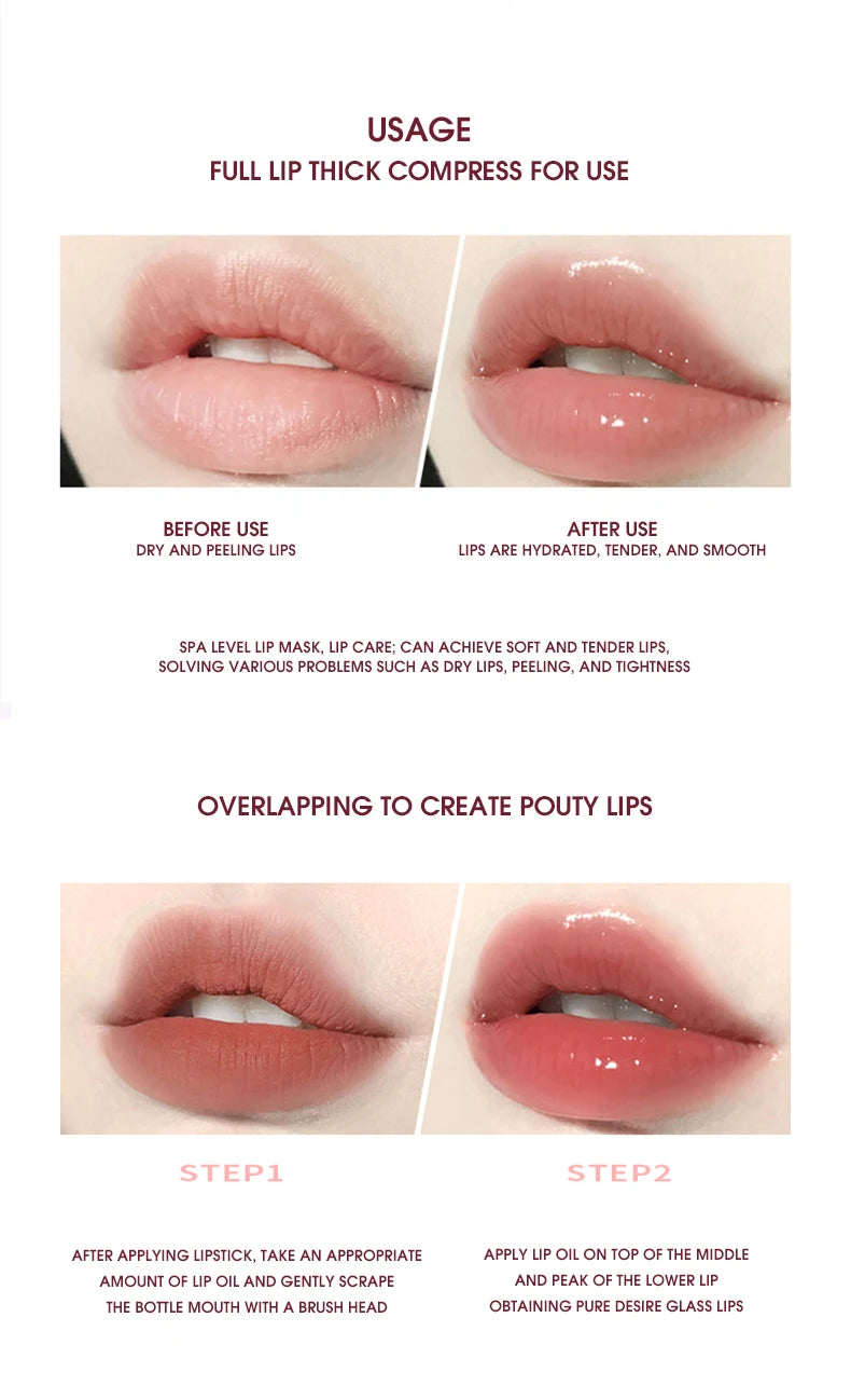 Lightweight and plump lip balm with a glossy mirror finish. The glass lips are moisturized and moisturized with lip oil