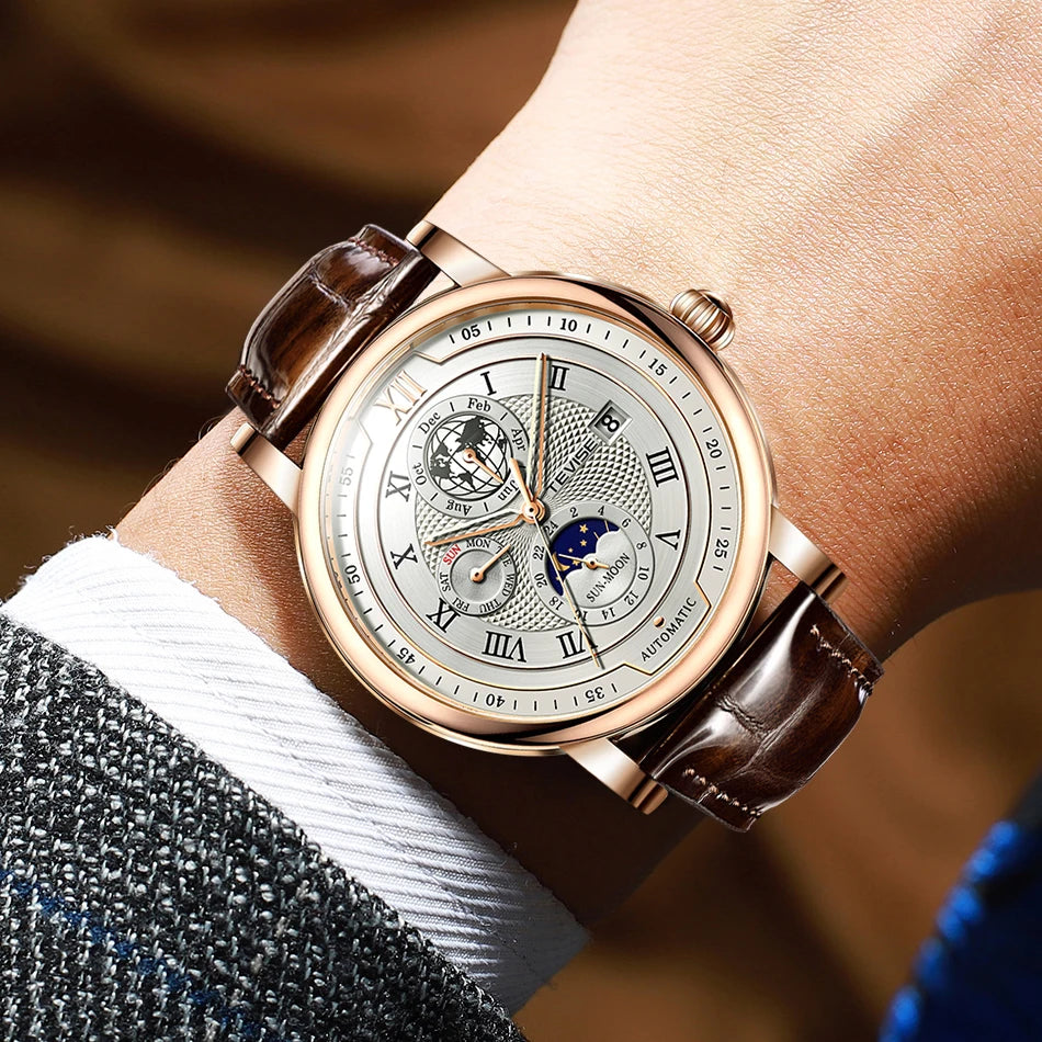 2025 TEVISE Top Brand Luxury Leather Watch For Men Business Waterproof Mens Mechanical Watches Moon Phase Automatic Wristwatch