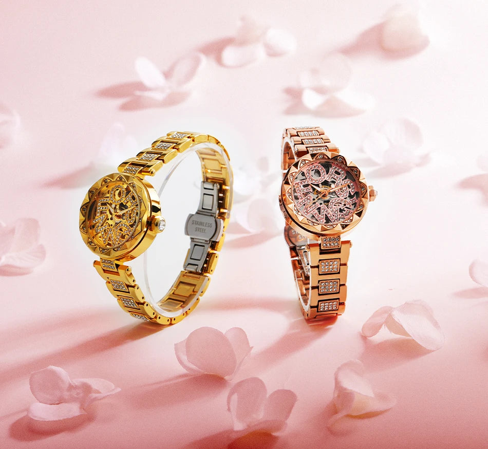 Luxury Brands Fashion 2025 New Women's Watches 3D Diamond Stainless Steel Skeleton Mechanical Clock Elegant Ladies Wedding Gift