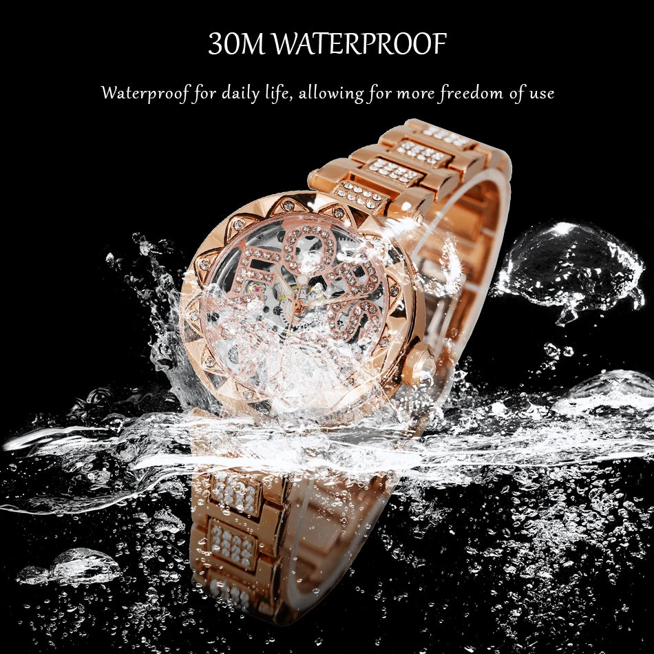 Luxury Brands Fashion 2025 New Women's Watches 3D Diamond Stainless Steel Skeleton Mechanical Clock Elegant Ladies Wedding Gift