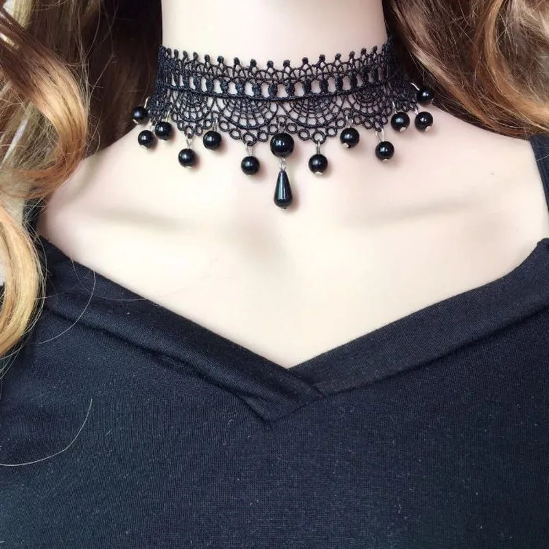 Lady Neck Jewelry Accessories Girl Lace Gothic Choker for Women Vintage Sexy Fashion Velvet Rose Beads Flower Necklace