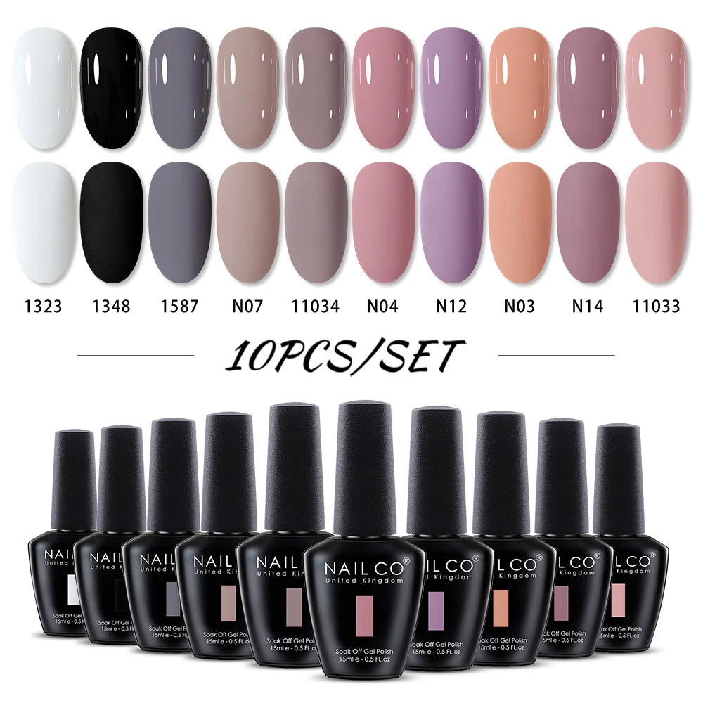 NAILCO 10PCS/Set Gel Nail Polish Gorgeous Full Coverage Semi Permanent Soak Off UV LED Gel Nail Art Base Top Coat Gel Polish Kit