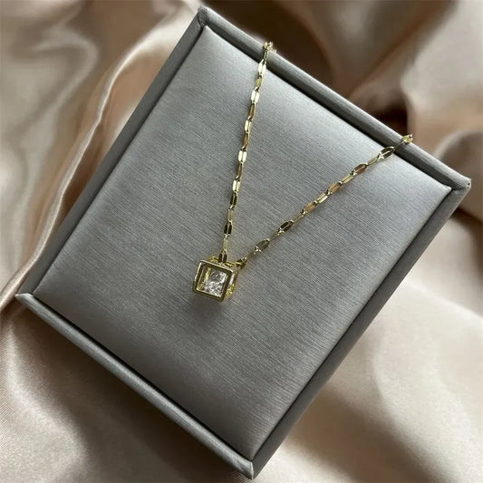 Charms Necklace For Women Aesthetic Cube White Zircon Gold Color Choker Chain On Neck Jewelry Korean Pendants