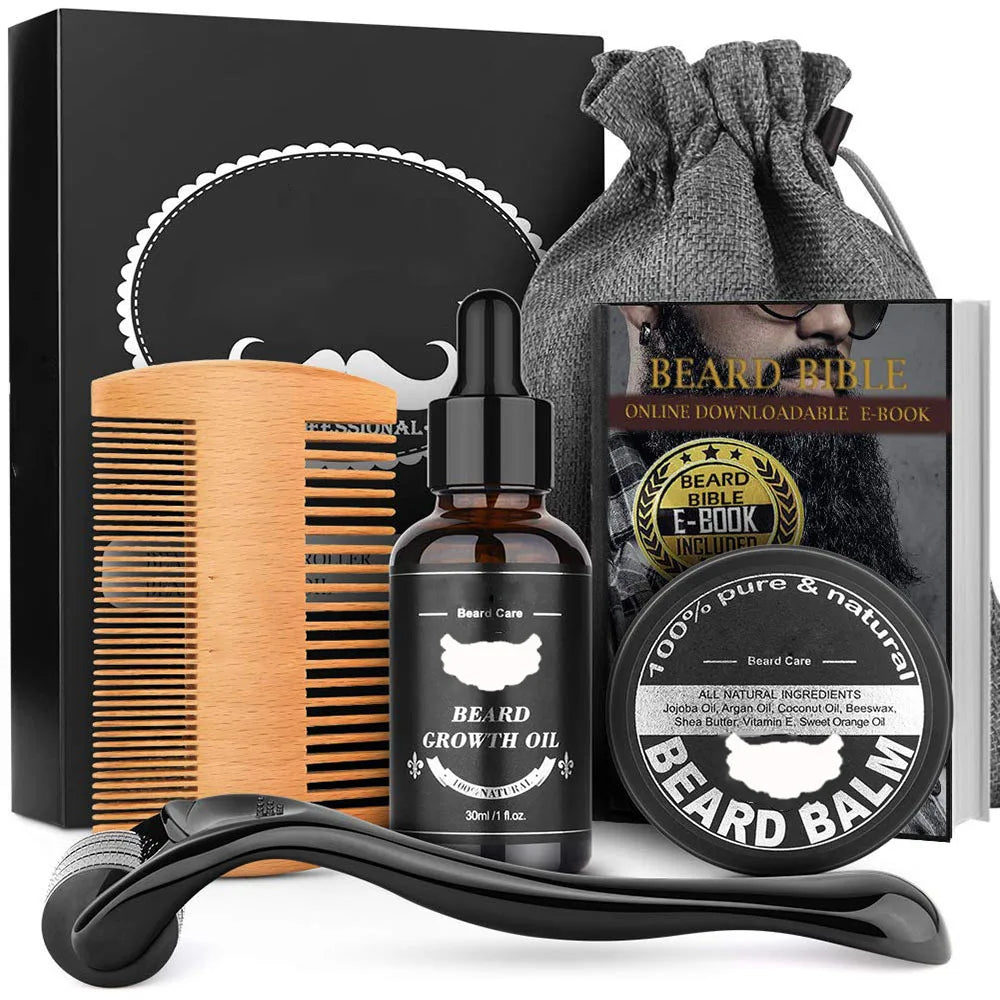 5/7/8 PCS Men's Beard care full set beard comb Balm Double-sided comb with roller beard growth liquid