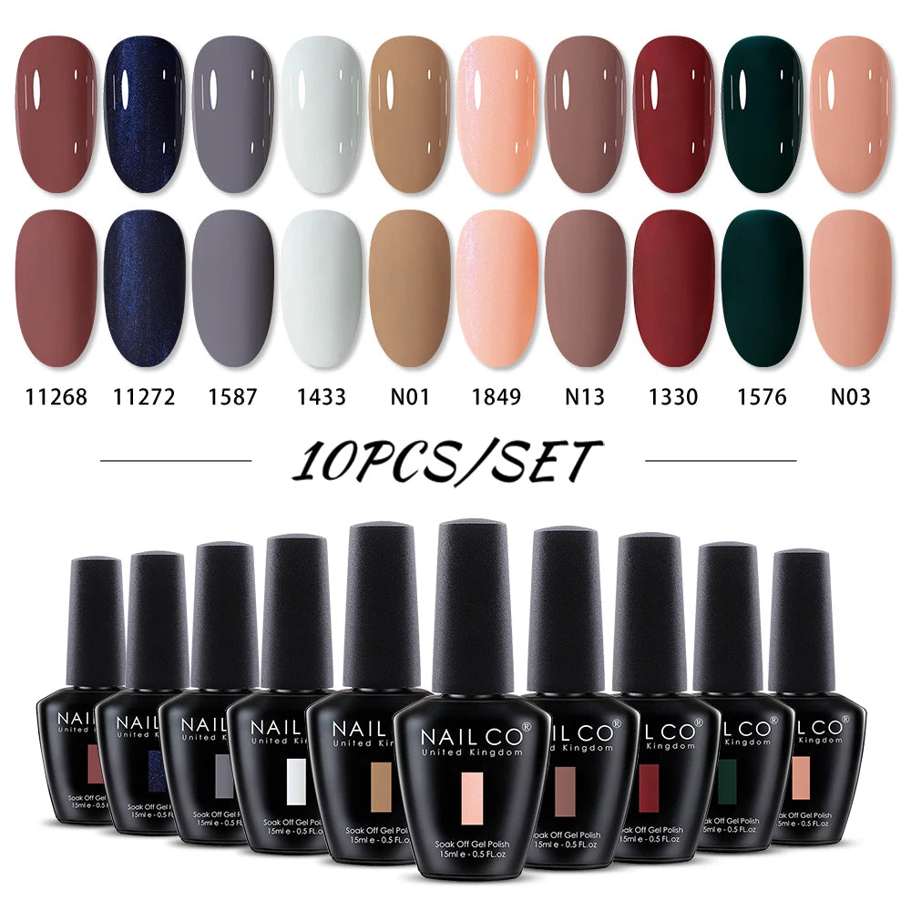 NAILCO 10PCS/Set Gel Nail Polish Gorgeous Full Coverage Semi Permanent Soak Off UV LED Gel Nail Art Base Top Coat Gel Polish Kit
