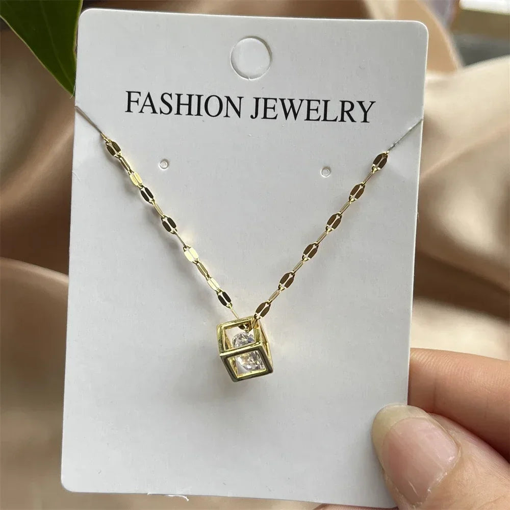 Charms Necklace For Women Aesthetic Cube White Zircon Gold Color Choker Chain On Neck Jewelry Korean Pendants