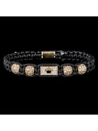 New Men's Adjustable Black Braided Crown Design Bracelet with Sparkling Synthetic Zirconia Stones Elegant GoldenTone Rectangular