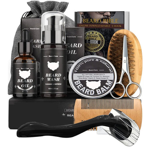 5/7/8 PCS Men's Beard care full set beard comb Balm Double-sided comb with roller beard growth liquid