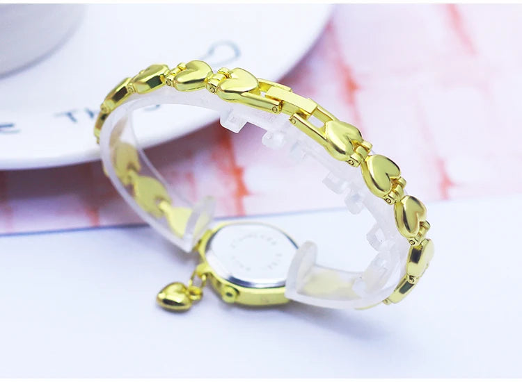 Luxury Woman Lady Gold Love Pendant Bangle Bracelet Wristwatches Young Female Girls Fashion Waterproof Gifts Thin Strap Watches