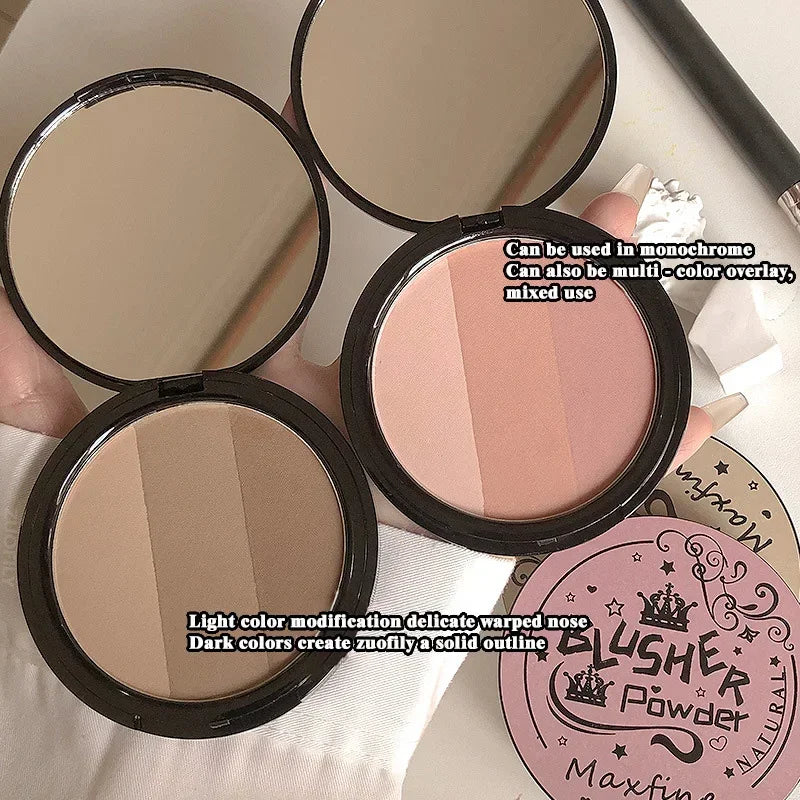 3 Colors Contour Blush Palette Matte Nose Shadow Rose Pink Cheek Glitter Glowing Illuminator Highlighter Powder Bronzer Makeup