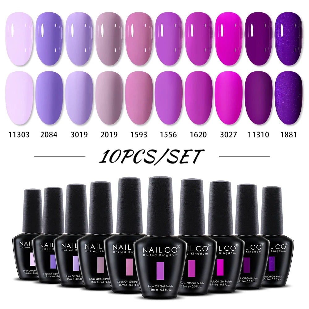 NAILCO 10PCS/Set Gel Nail Polish Gorgeous Full Coverage Semi Permanent Soak Off UV LED Gel Nail Art Base Top Coat Gel Polish Kit