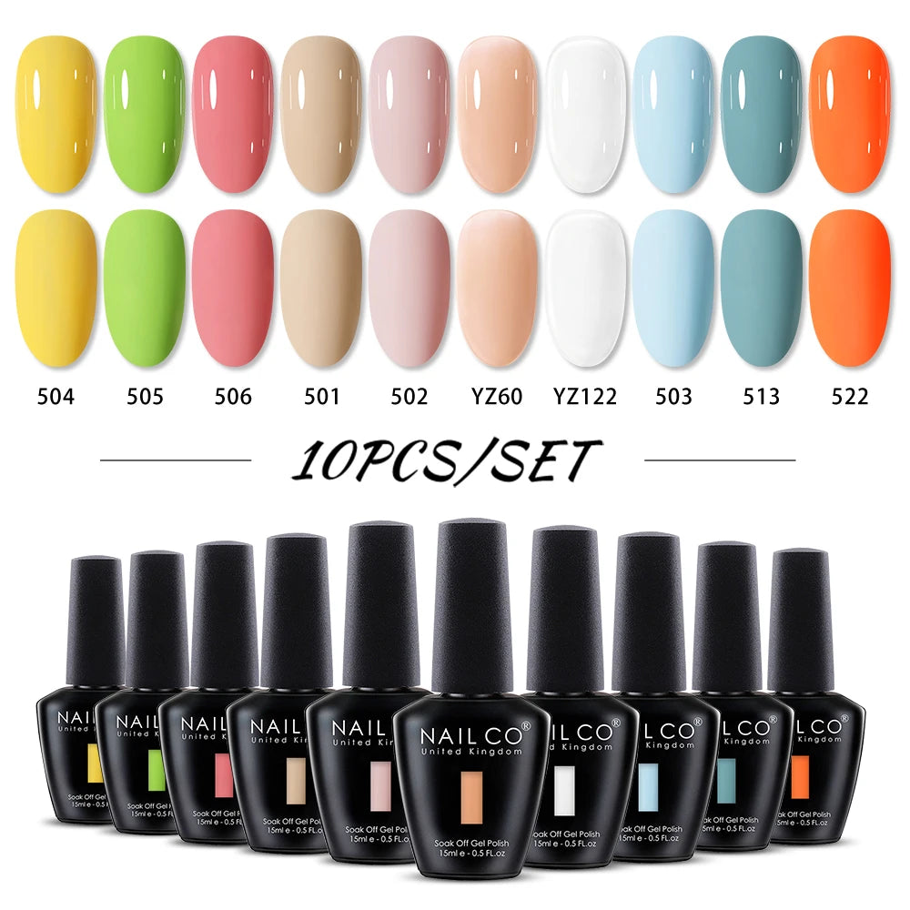 NAILCO 10PCS/Set Gel Nail Polish Gorgeous Full Coverage Semi Permanent Soak Off UV LED Gel Nail Art Base Top Coat Gel Polish Kit