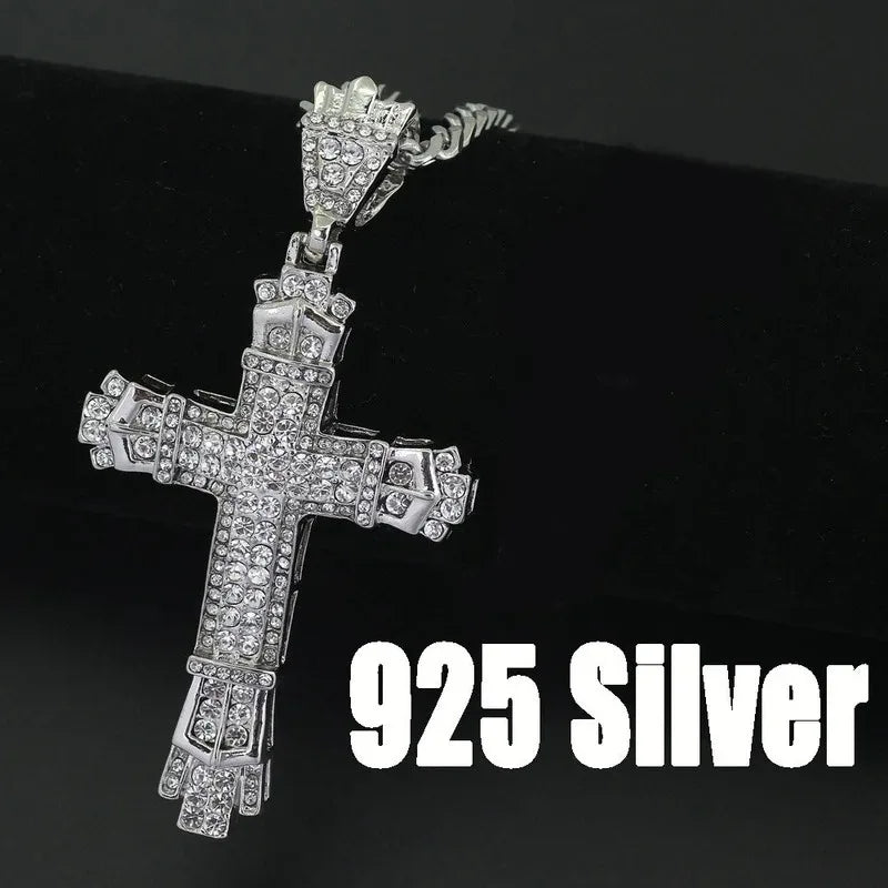 Mens Jewellery Cross Necklace Chain for Men Stainless Steel Necklace Men Hip Hop Jewelry Rhinestone Religious Pendant Collares