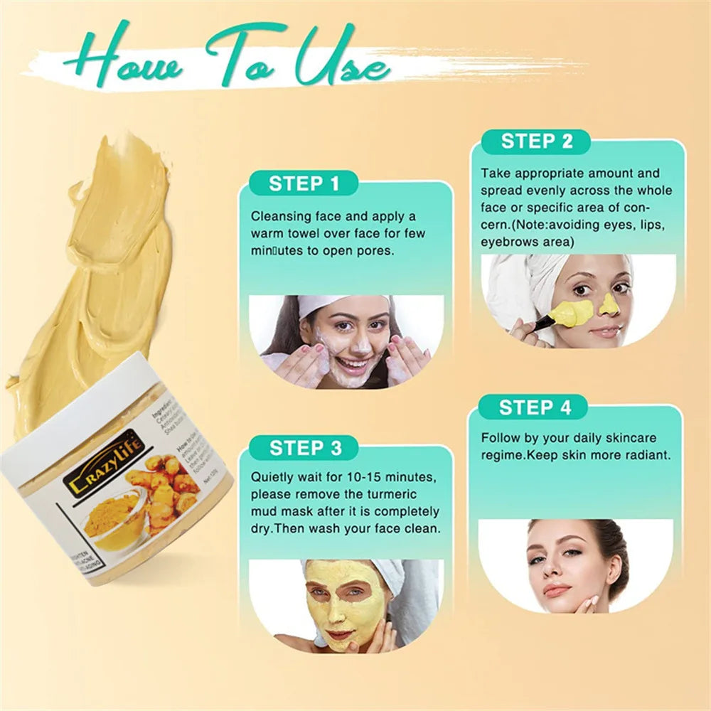 120gTurmeric Clay Mask Facial Cleaning Pores Dirt Acne Blackhead Anti-Acne Remove Deep Cleansing Oil control Whitening Skin Care
