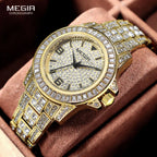 MEGIR New Golden Luxury Watches for Women Fashion Crystal-accented Waterproof Quartz Wristwatch with Stainless Steel Strap