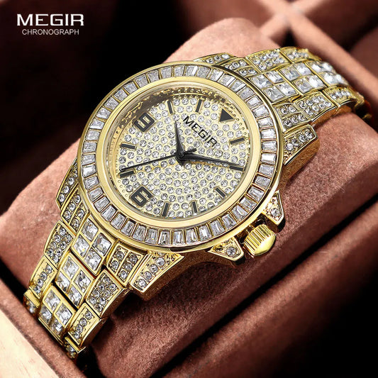 MEGIR New Golden Luxury Watches for Women Fashion Crystal-accented Waterproof Quartz Wristwatch with Stainless Steel Strap