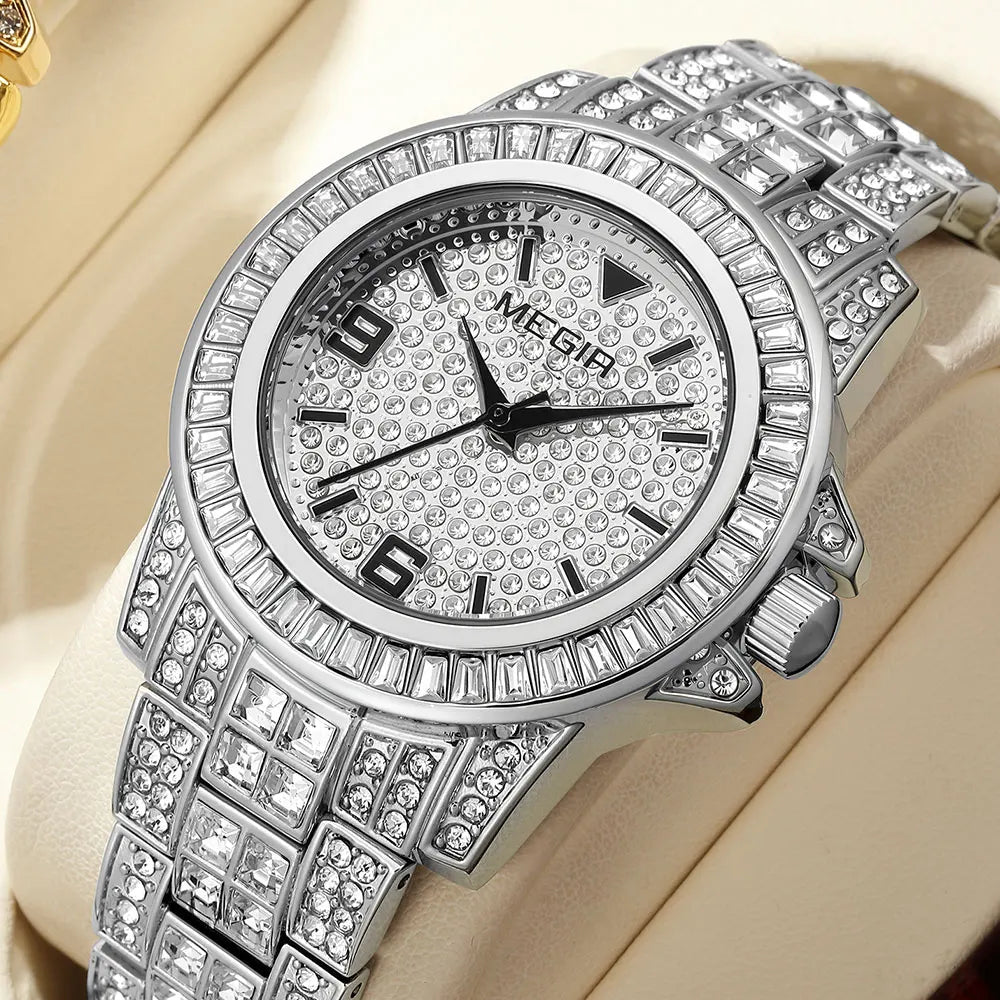 MEGIR New Golden Luxury Watches for Women Fashion Crystal-accented Waterproof Quartz Wristwatch with Stainless Steel Strap